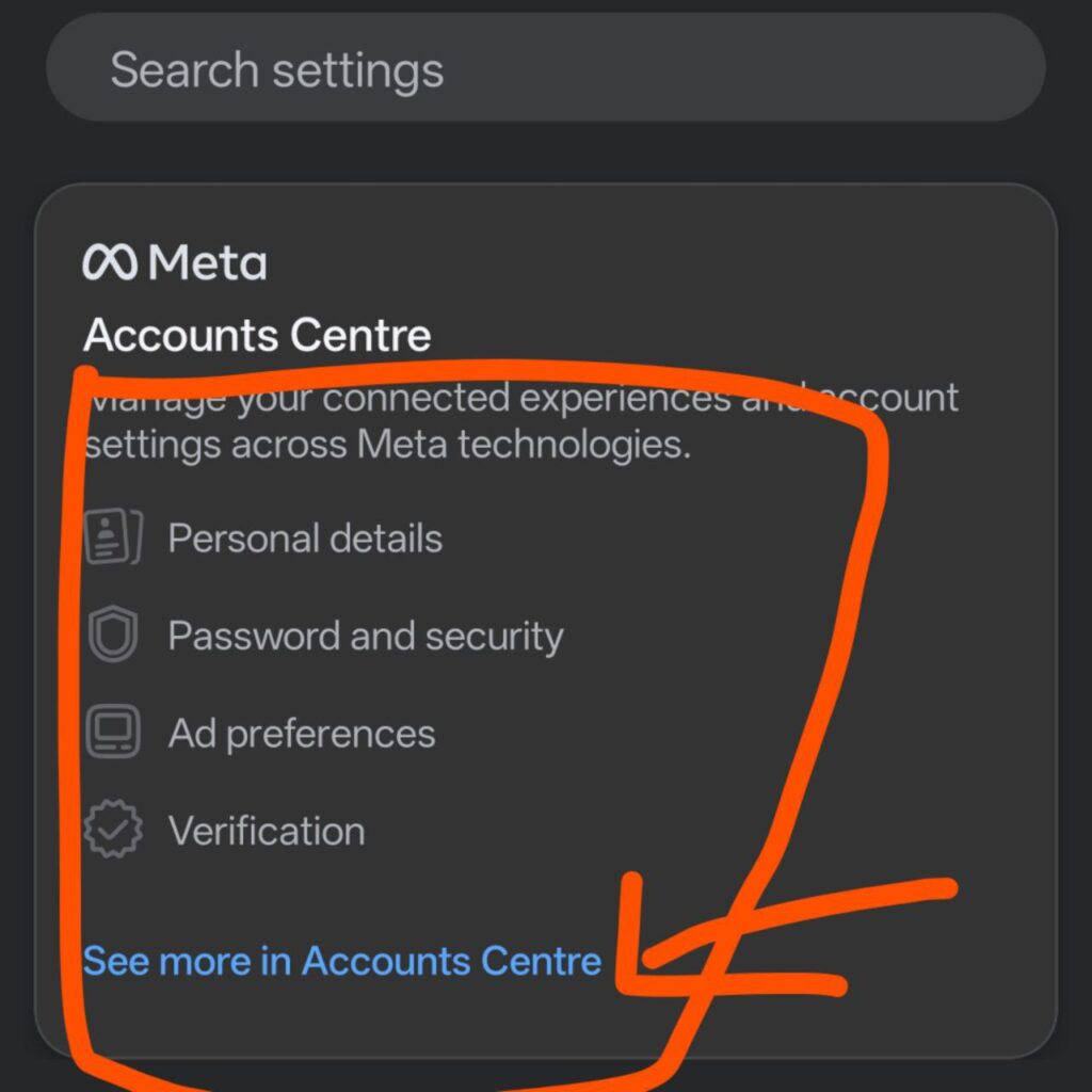 "Facebook settings menu showing the Accounts Center location to stop Facebook tracking."