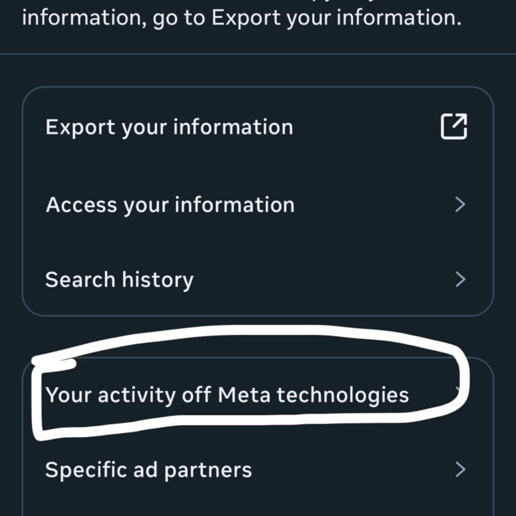 "The Your Activity Off Meta Technologies screen used to stop Facebook tracking of offline data."
