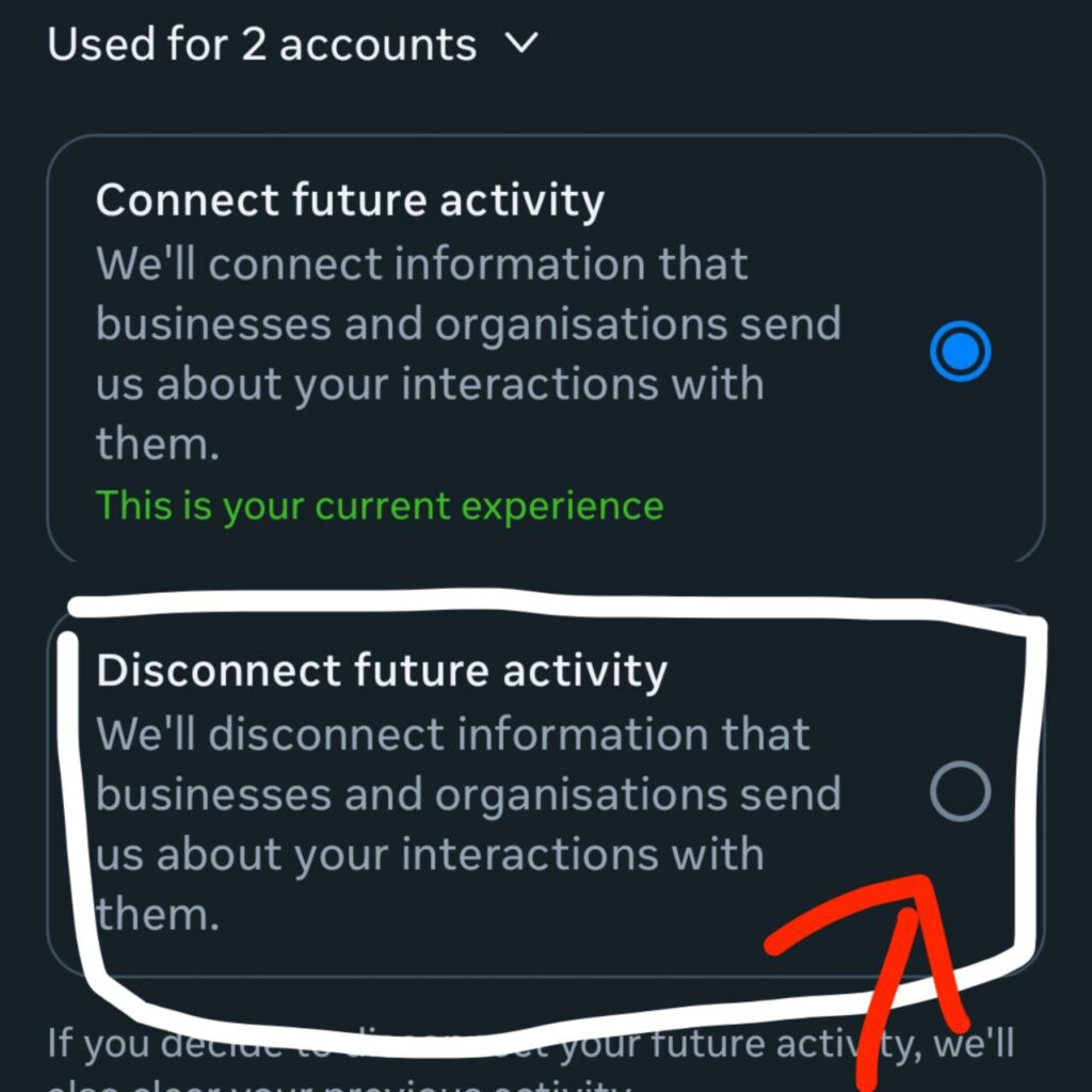 "Selecting Disconnect Future Activity to permanently stop Facebook tracking your browsing history."
