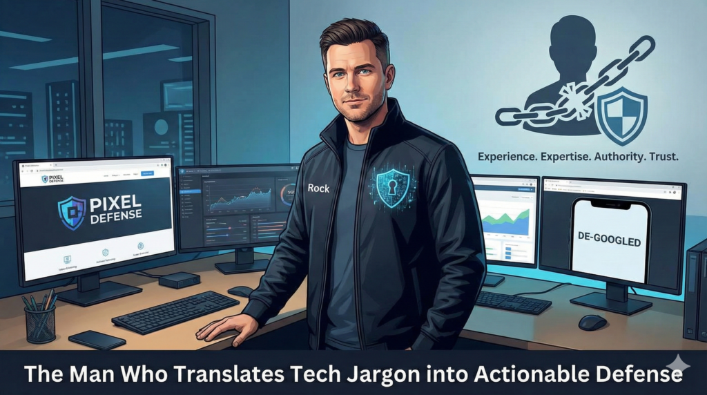 Rock from Pixel Defense researching digital privacy and security settings.