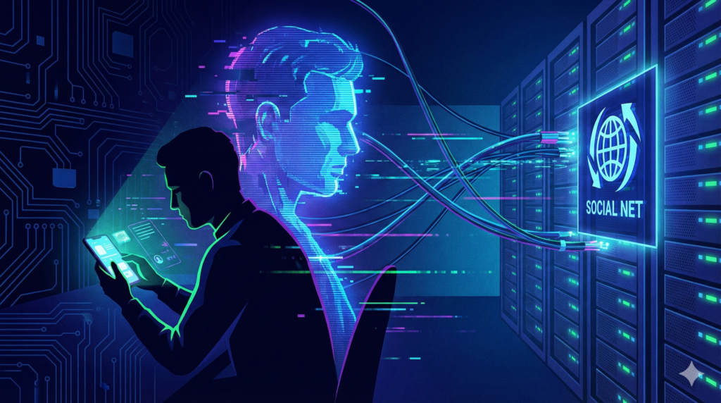 Featured image illustration showing a digital data shadow tracking a person offline leading to the Meta logo.