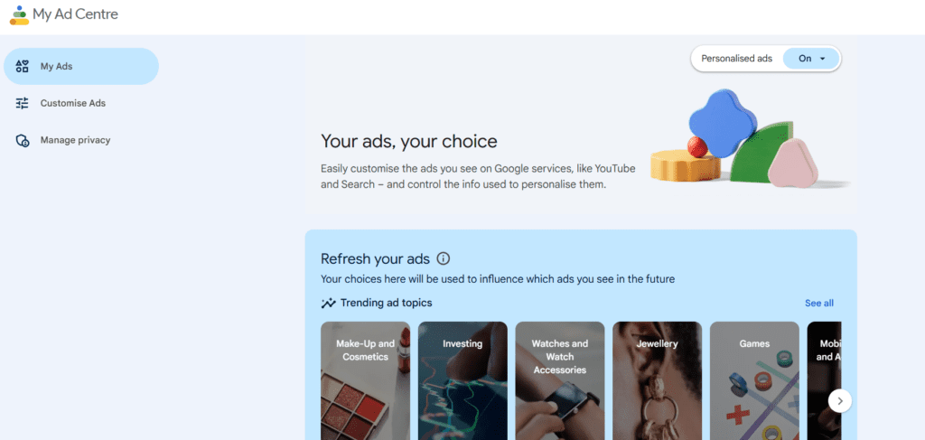 My Ad Center dashboard used to delete Google Advertising ID profile data from the cloud."