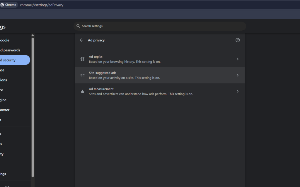 Screenshot of the Chrome browser settings menu showing how to disable Google Ad Privacy toggles.