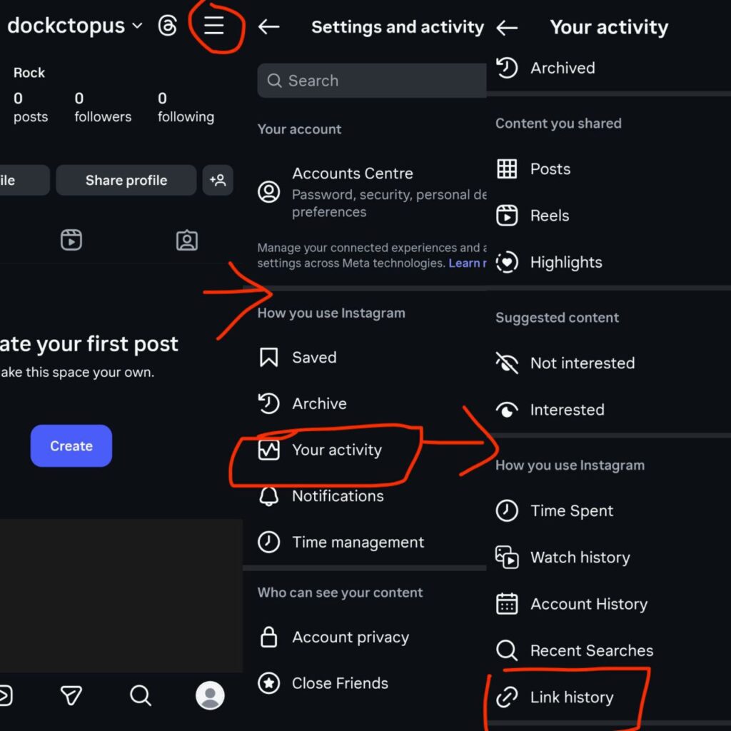Settings menu showing how to disable Link History on Instagram