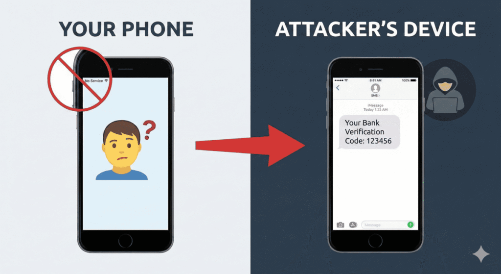 Infographic explaining the SIM swap attack process: the victim's phone loses service while the attacker receives the SMS verification code, a common result of a phone number data breach.
