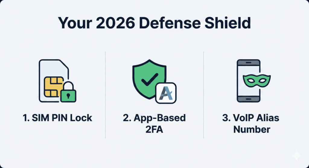 Three-step security checklist to prevent identity theft after a phone number data breach: Enable SIM PIN lock, use App-based 2FA, and use a VoIP alias number.