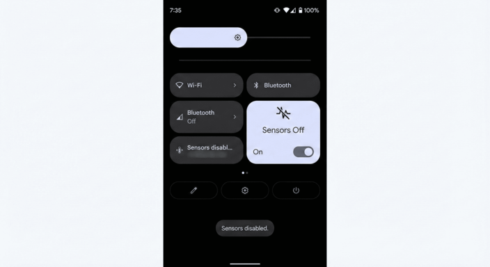 Android Quick Settings panel with the Developer Options Sensors Off tile enabled to block microphone and camera access