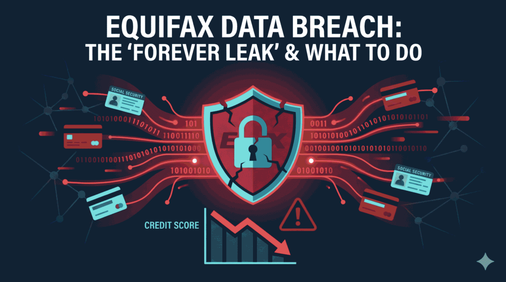 Illustration of the Equifax data breach showing exposed Social Security Numbers and credit files.