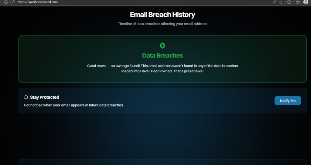 Screenshot of HaveIBeenPwned website results showing a user how to check for data breaches using their email address.