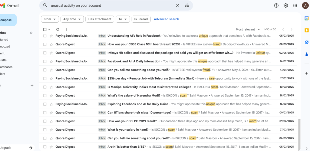 Gmail search bar with security queries showing how to check for data breaches by searching your inbox archives.