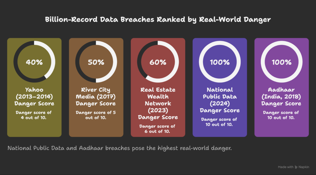 Danger Score comparison of billion-record data breaches ranked by real-world impact
