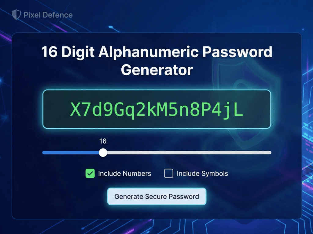 16 digit alphanumeric password generator tool interface