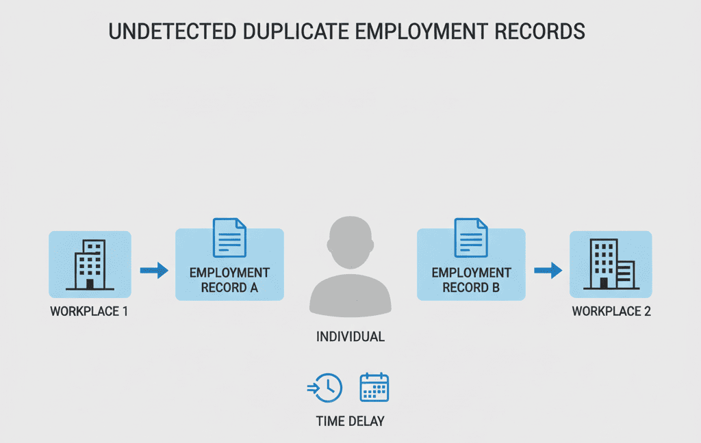 Diagram showing how leaked personal information can lead to employment identity theft
