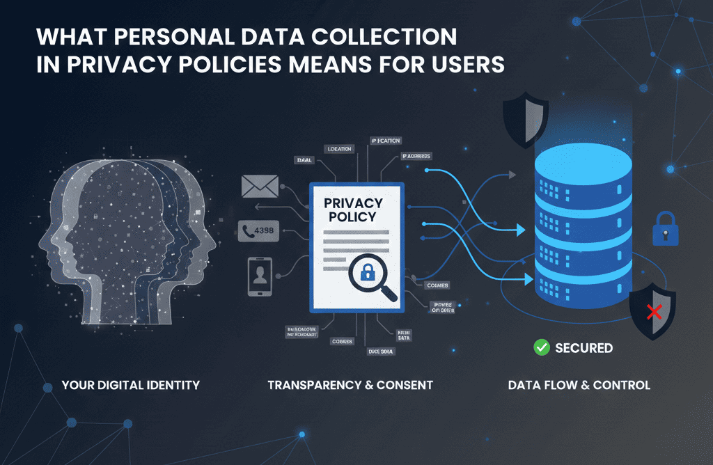 A clean, modern illustration showing personal data flowing from a user into a digital system, abstract data icons like email, phone number, ID symbols connecting to a central server, dark blue and muted gray color palette, minimalistic, professional, serious tone, no people’s faces, cybersecurity and privacy concept, flat illustration style, high contrast, blog featured image