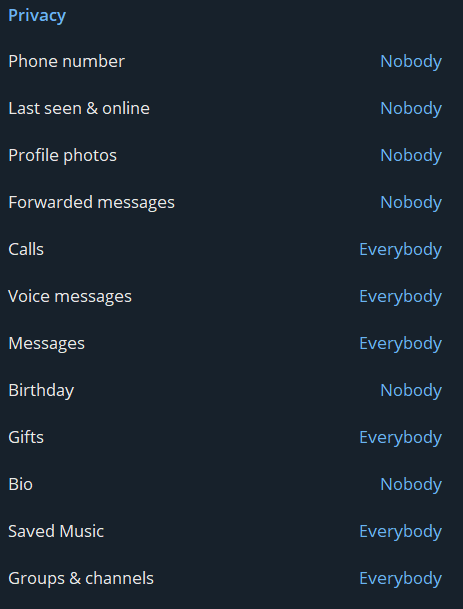menu showing how to hide your phone number on telegram