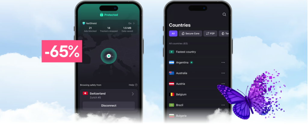 proton vpn ads free and unlimited data connected to private network