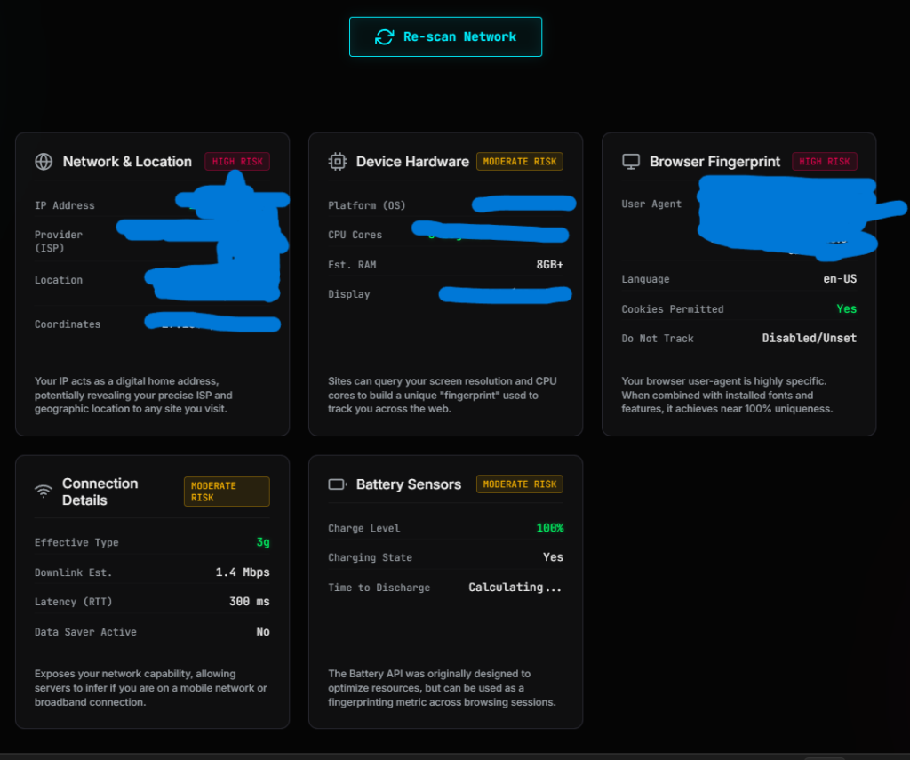 data leaking checker tool showing how much data is leaked when you browse the internet