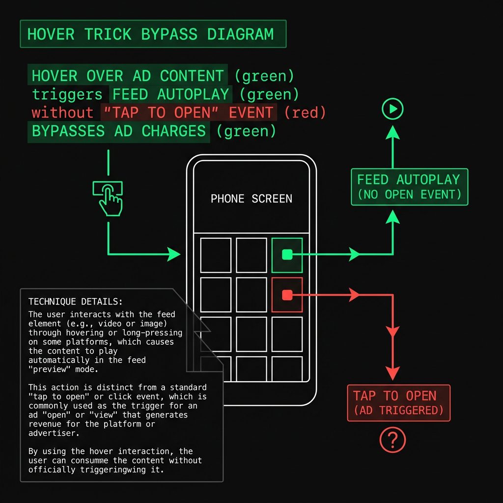 demonstrating how the feed autoplay "hover trick" bypasses the YouTube ad trigger event.