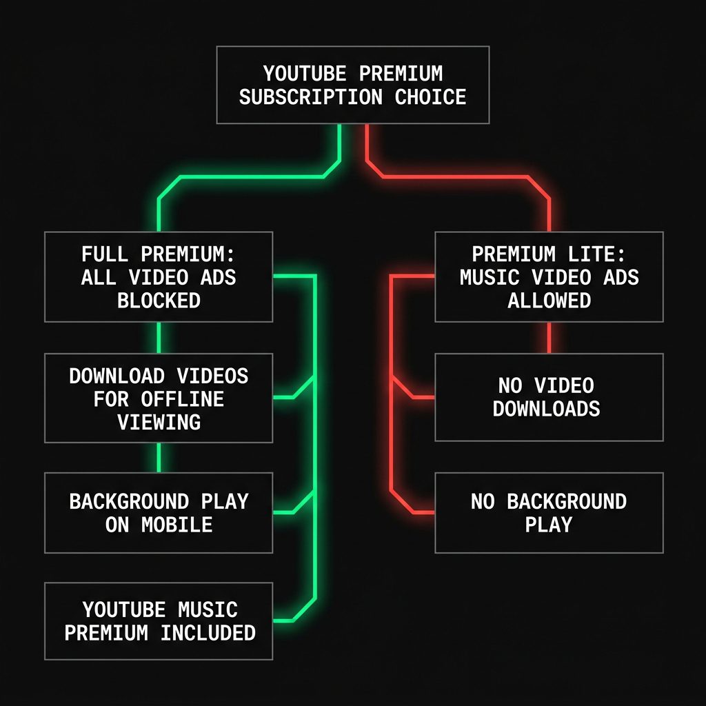  Flowchart comparing ad blocking features in YouTube Premium vs Premium Lite.