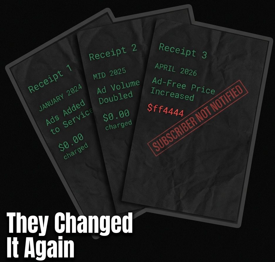 Three dark receipts showing Amazon
Prime Video's three undisclosed
changes to subscribers since 2024