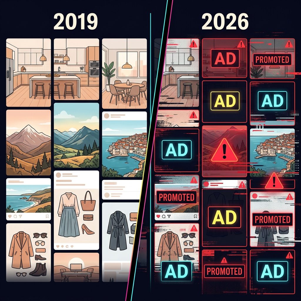 Pinterest feed in 2019 vs 2026 — organic content replaced by ads