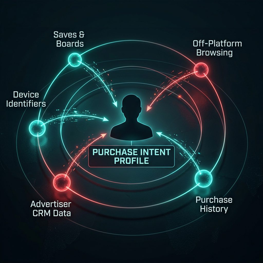 Diagram showing how Pinterest builds a purchase intent profile from saves, browsing, and advertiser data 