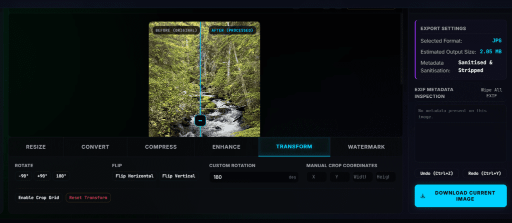 The before/after split slider showing the waterfall image before and after rotation with BEFORE and AFTER labels visible