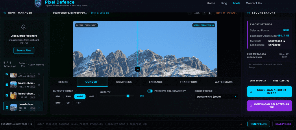  WebP format selected in the export panel with 484.3 KB estimated output size shown in cyan