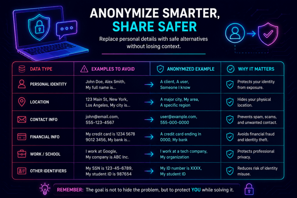AI privacy infographic comparing unsafe personal information with safer anonymized prompt examples