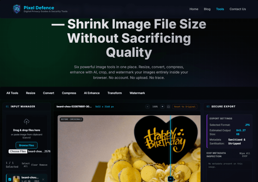 The Pixel Defence Image Compressor tool homepage showing 'Shrink Image File Size Without Sacrificing Quality