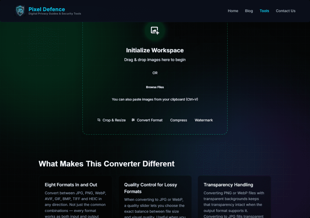 The Pixel Defence Image Converter tool homepage