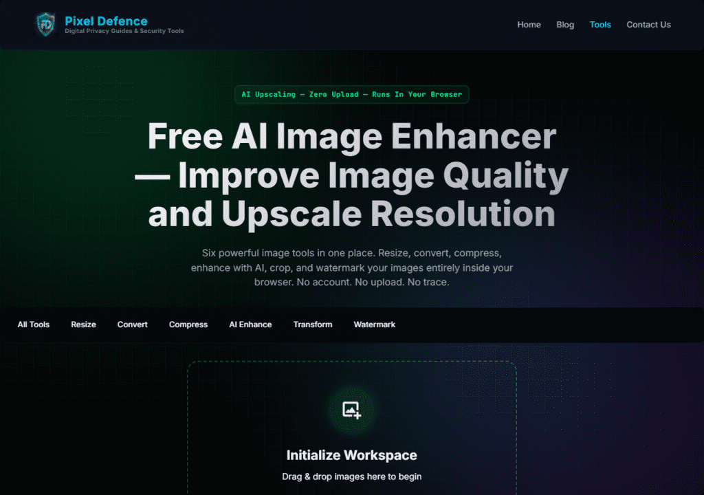 The Pixel Defence AI Image Enhancer tool homepage