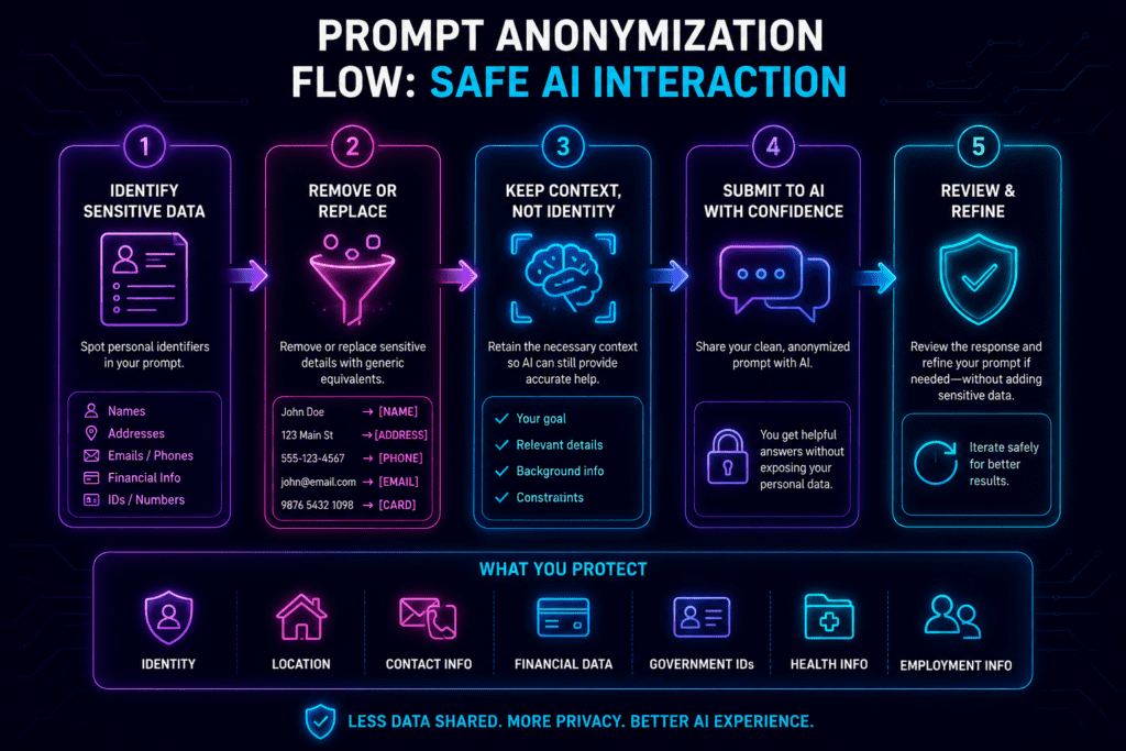 Prompt anonymization flowchart showing how to safely remove personal information before using ChatGPT.