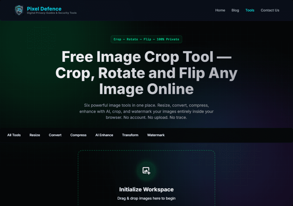 The Image Transform tool homepage showing 'Crop, Rotate and Flip Any Image Online