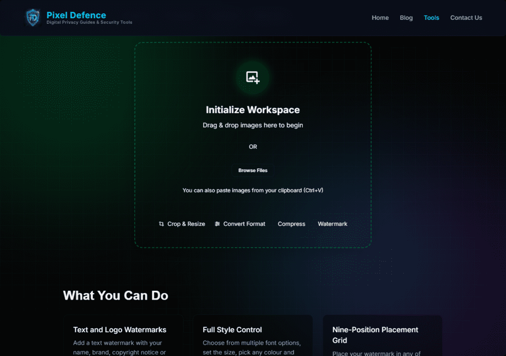The Pixel Defence Watermark Maker tool homepage showing 'Add Professional Watermarks to Your Photos Online