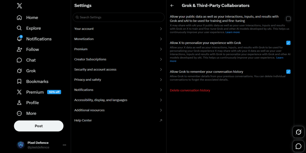 Screenshot showing the Grok setting in X's Privacy and safety menu to disable AI training on your posts