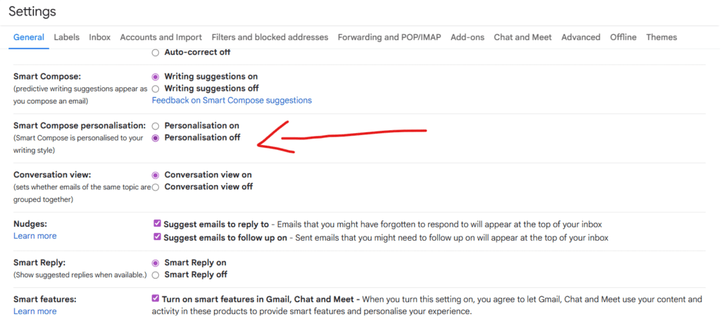 Screenshot of the Gmail Smart features and personalization setting that opts your email habits out of AI training