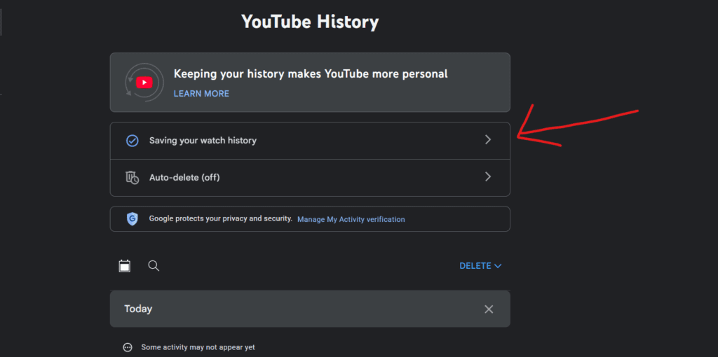 Screenshot showing the YouTube History toggle in Google Account settings to pause data collection