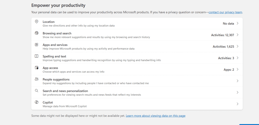 Screenshot of the Microsoft Privacy Dashboard showing where to clear browsing, search, and location data