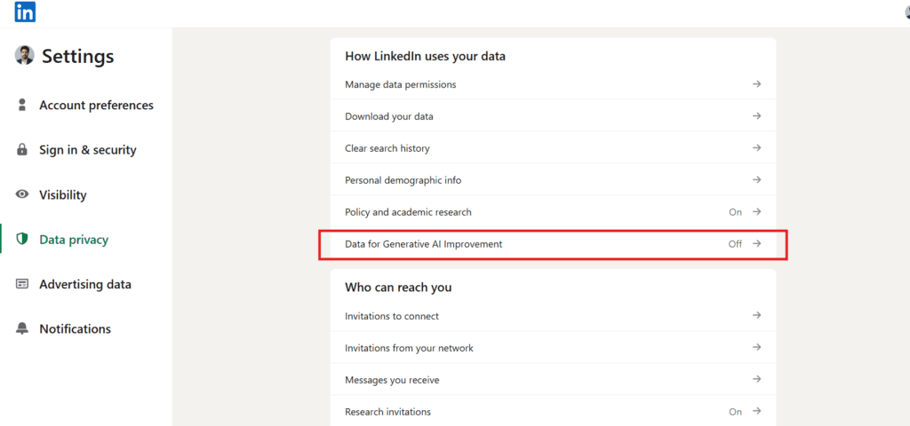 Screenshot of the Data for Generative AI Improvement toggle in LinkedIn's Data Privacy settings