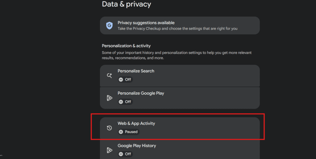 Screenshot of the Google Web and App Activity settings where voice and audio activity can be unchecked