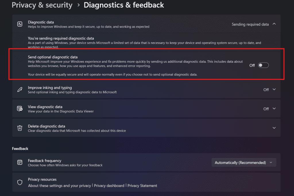 Screenshot of Windows 11 Diagnostics and feedback settings highlighting the switch to basic telemetry