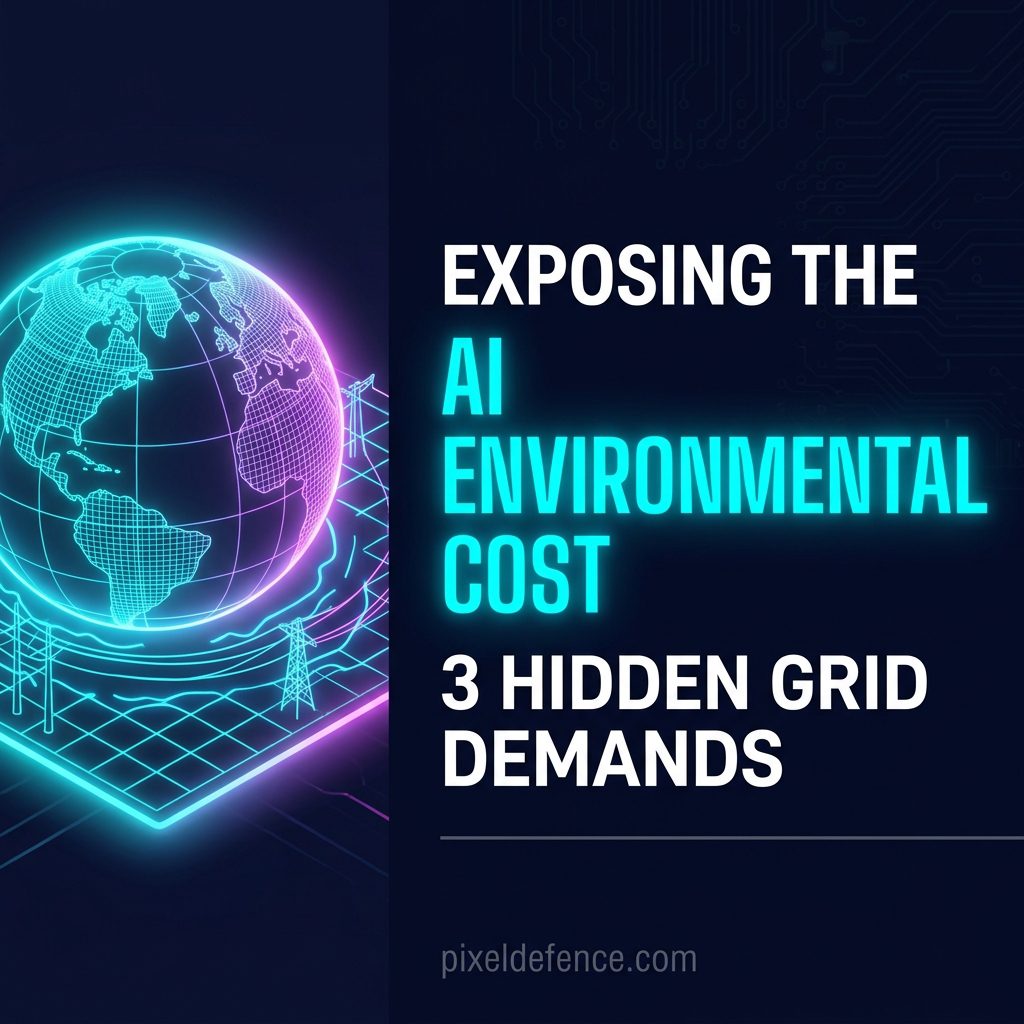 AI environmental cost featured image showing 3 hidden grid demands text next to an isometric Earth power grid wireframe