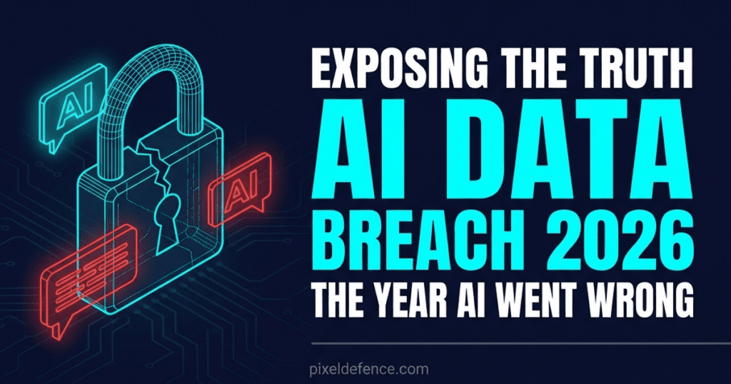 ai data breach 2026 represented by a cracked lock and glowing terminal screen showing leaked conversation logs