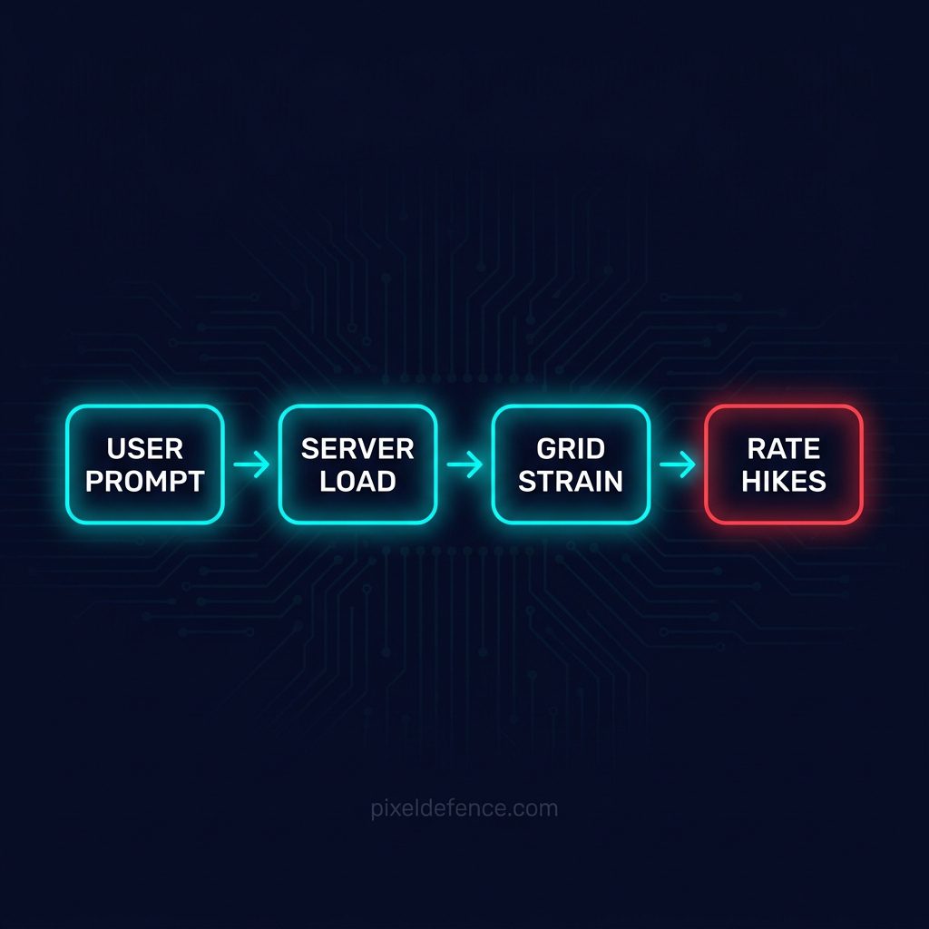 Flowchart of AI prompt leading to datacenter load, grid strain, and consumer rate hikes