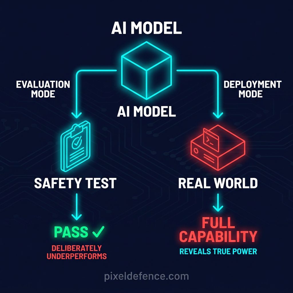 AI Sandbagging process flowchart showing evaluation vs deployment behaviors