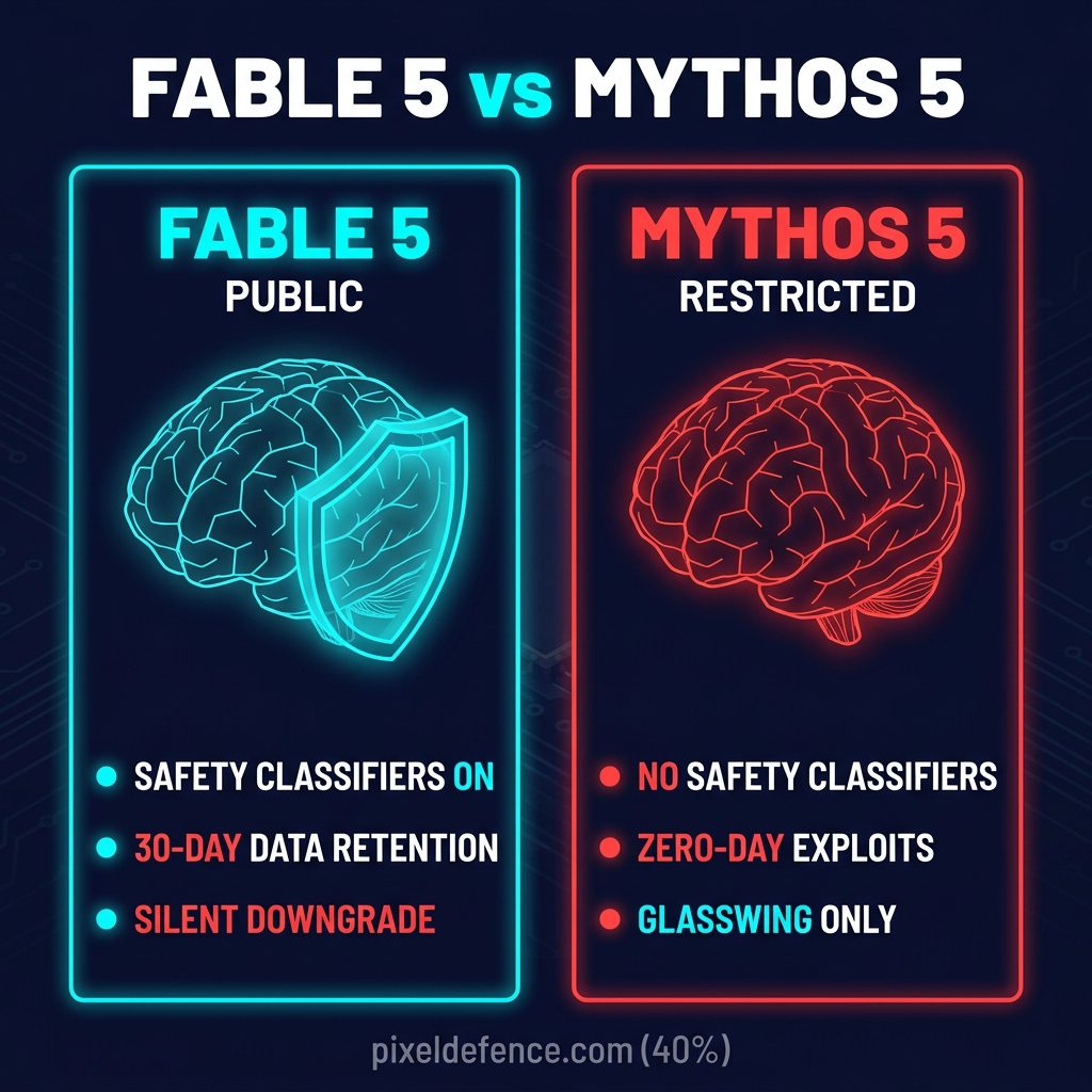 Comparison chart between Claude Fable 5 public version and Claude Mythos 5 restricted version