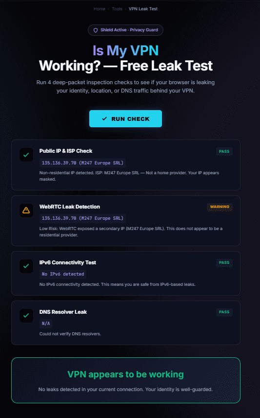 Proton VPN review 2026 leak test results showing pass status on IP and DNS check and warning on WebRTC