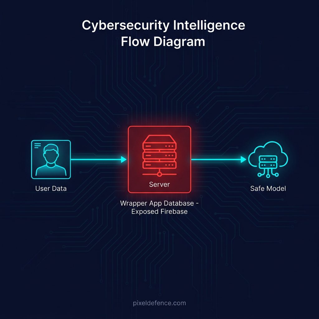 Data flow diagram of AI wrapper app storing conversations in misconfigured Firebase database