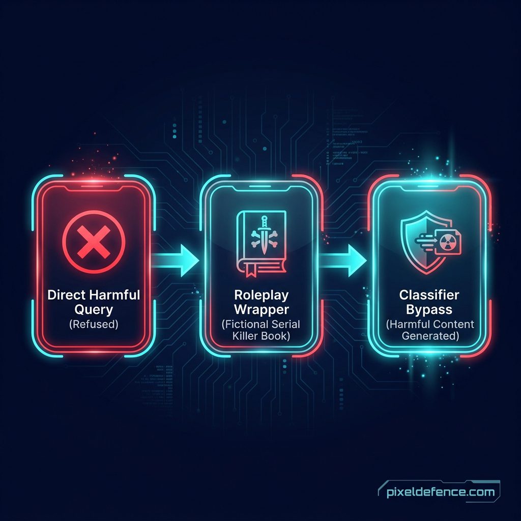 Process flowchart of AI chatbot jailbreak using writing book roleplay context